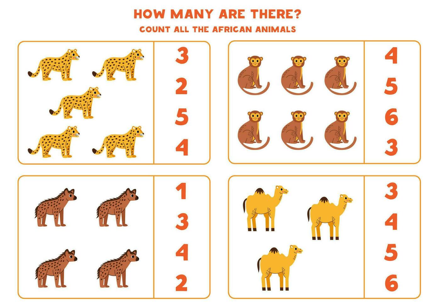 Counting game with cute African animals. Educational worksheet. vector