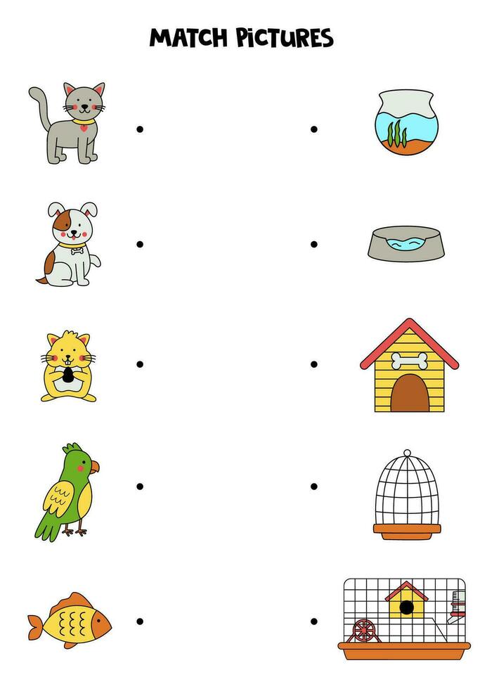 Match cute pet and its home. Logical game for children. vector