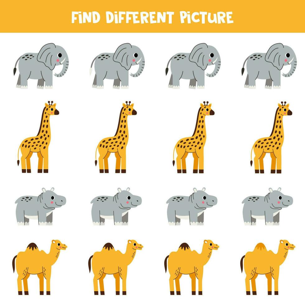encontrar diferente africano animal en cada fila. lógico juego para preescolar niños. vector