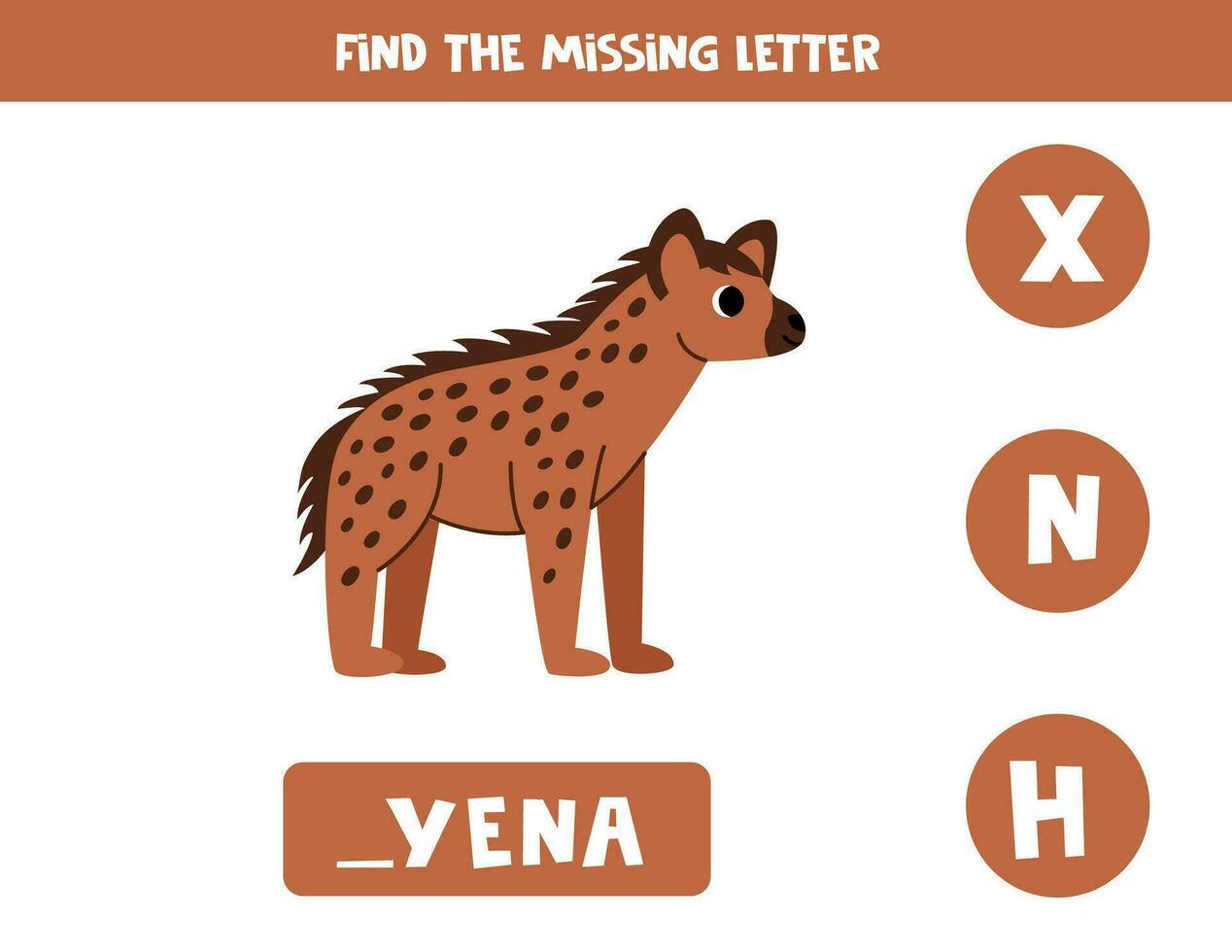Find missing letter with cartoon hyena. Spelling worksheet. vector