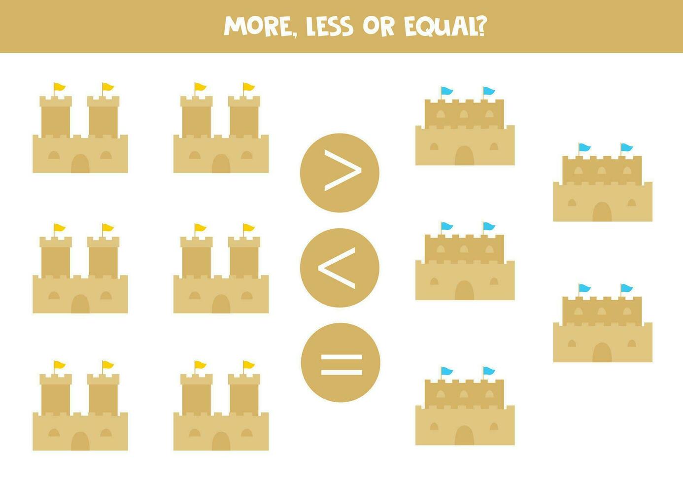 More, less or equal with cute cartoon sand castles. vector