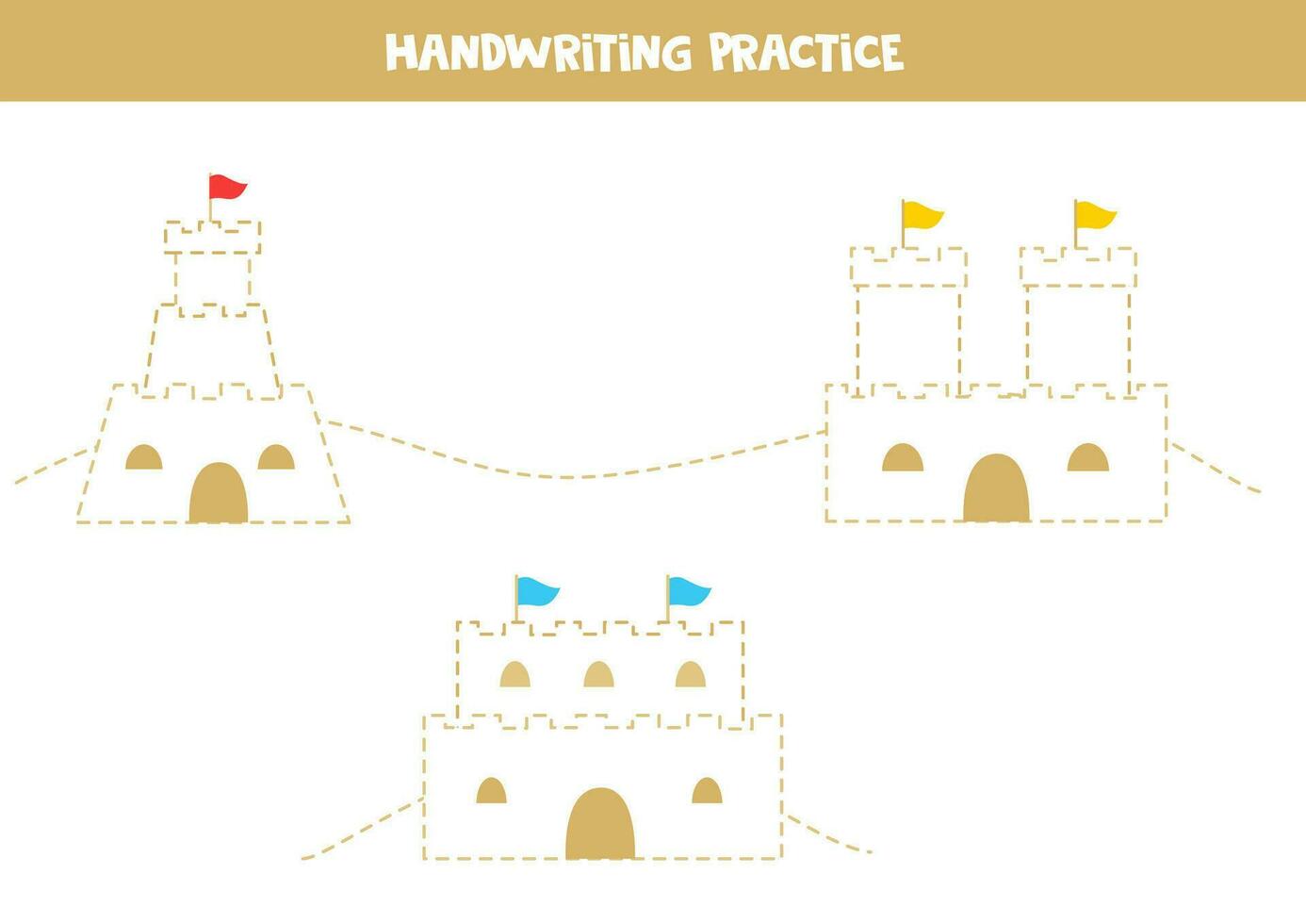 Handwriting practice with cartoon sand castles. Tracing lines for preschoolers. vector