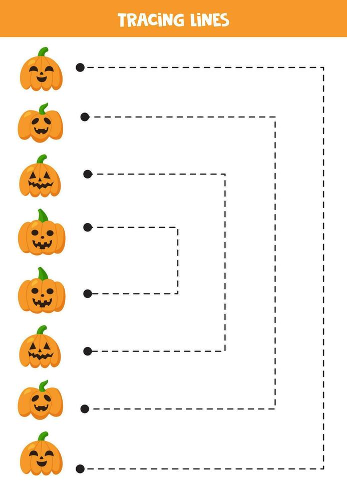 Tracing lines for kids. Cartoon cute Halloween pumpkins. vector