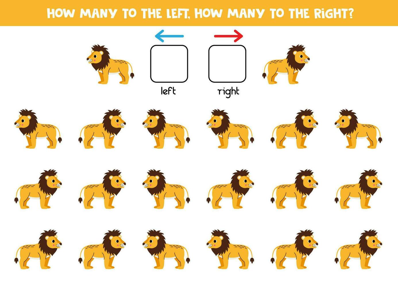 Left or right with cute cartoon lion. Logical worksheet for preschoolers. vector