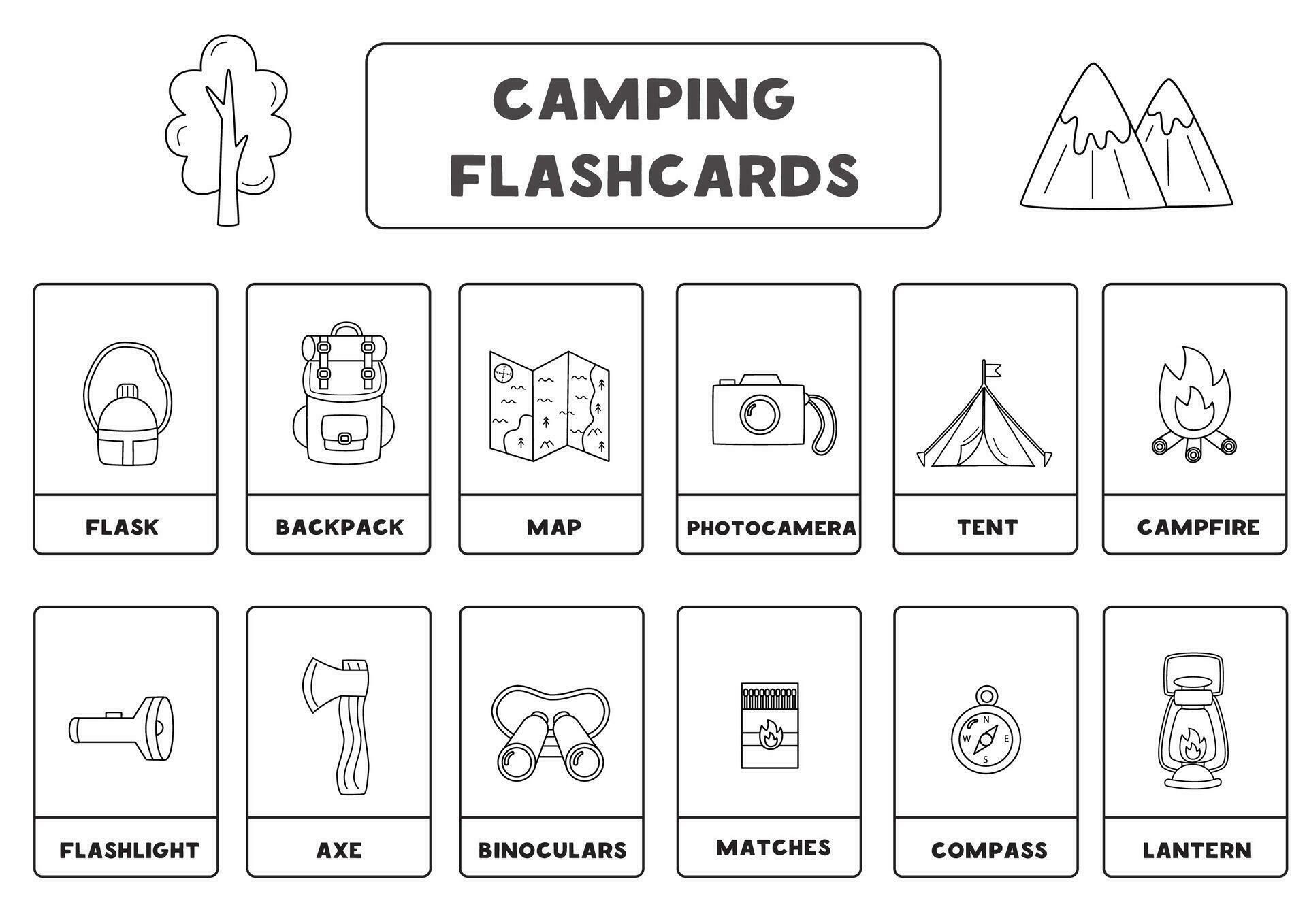 Black and white camping items with names. Flashcards for learning