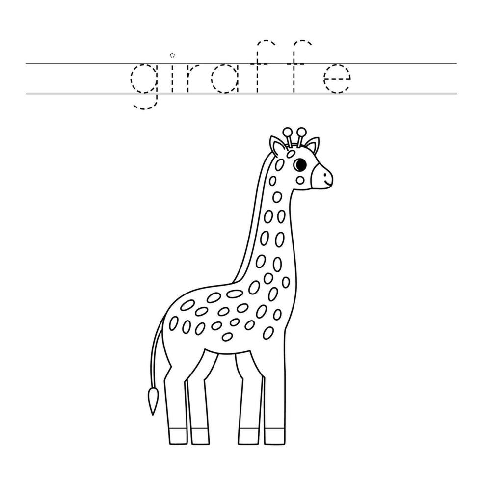 Trace the letters and color cartoon giraffe. Handwriting practice for kids. vector