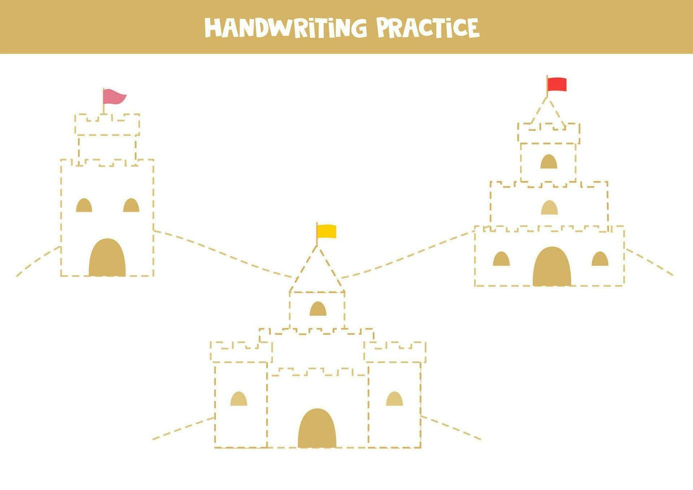 Handwriting practice with cartoon sand castles. Tracing lines for preschoolers. vector