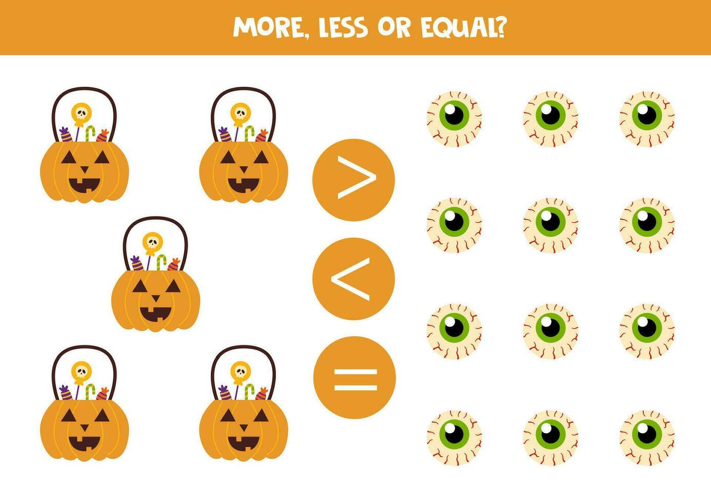More, less or equal with cartoon Halloween lantern and spooky eyes. vector