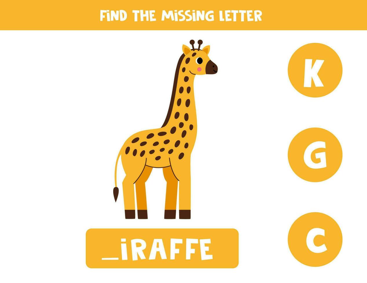 Find missing letter with cartoon giraffe. Spelling worksheet. vector