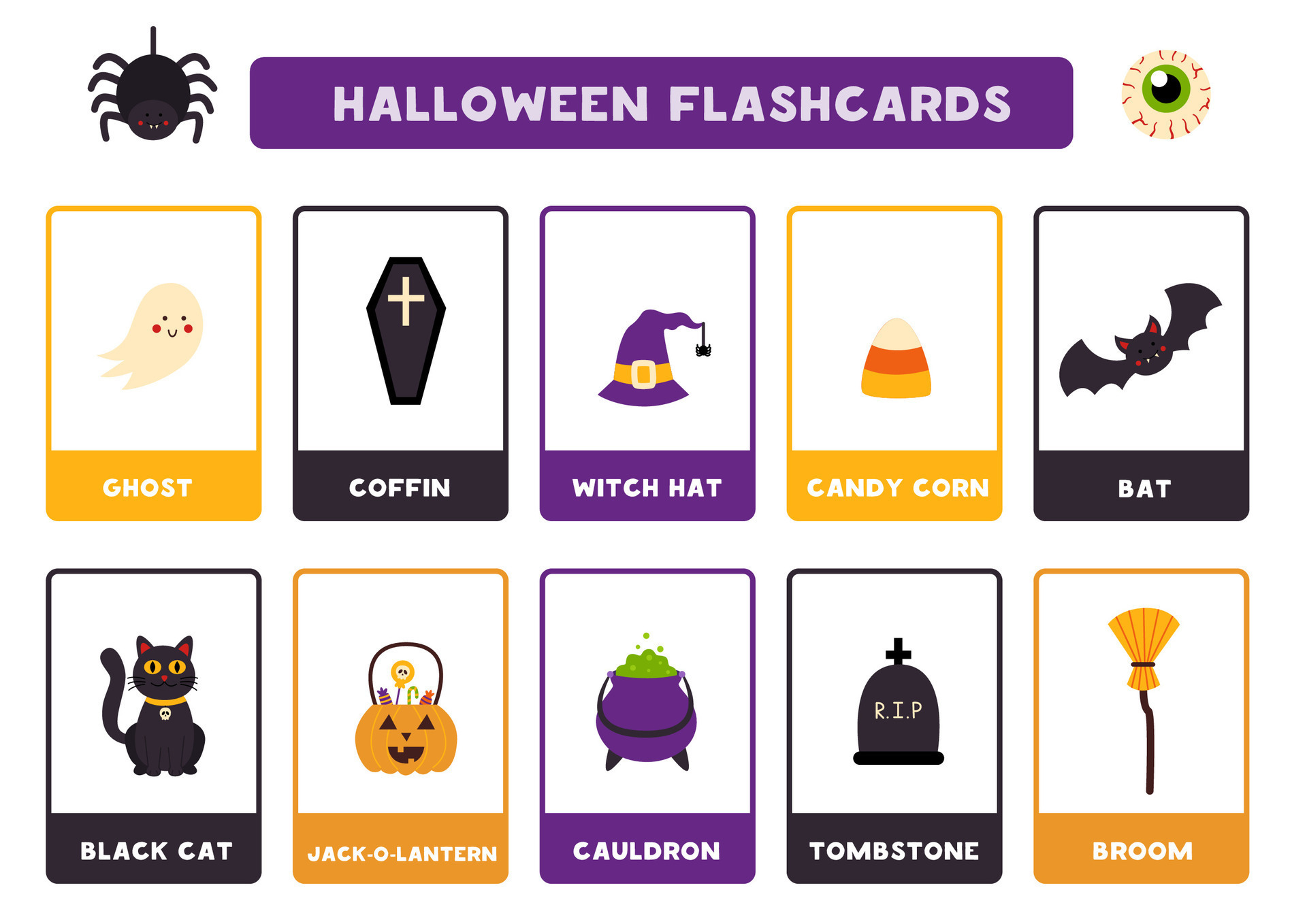 Cute Halloween Items With Names Flashcards For Learning English 