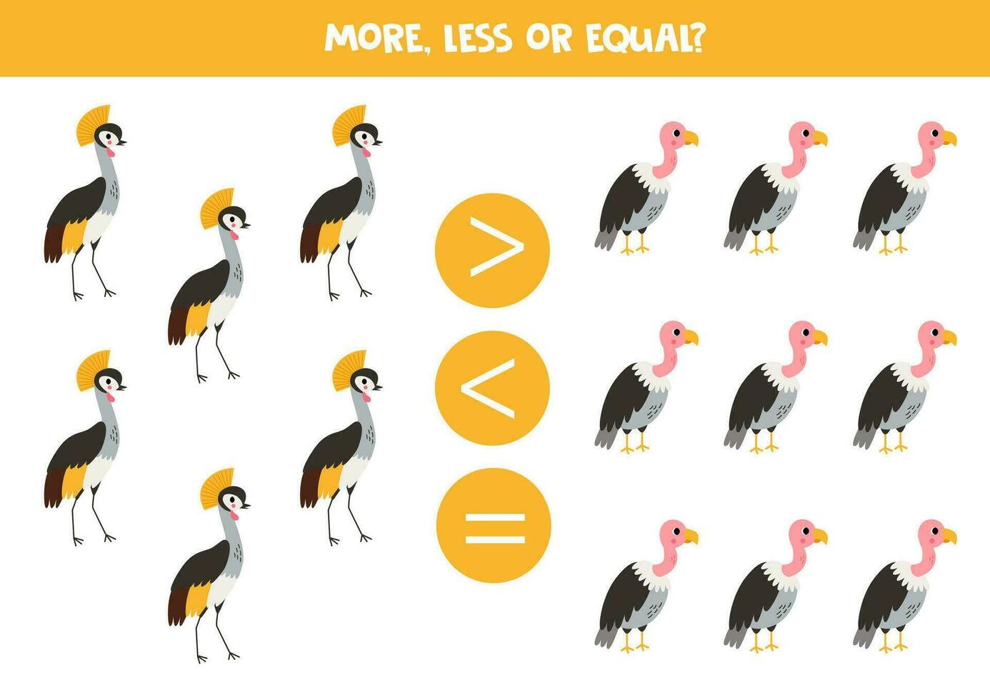 More, less or equal with cartoon crowned crane and vulture. vector