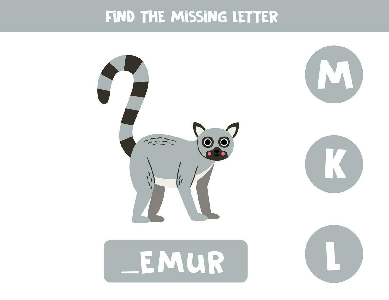 Find missing letter with cartoon lemur. Spelling worksheet. vector