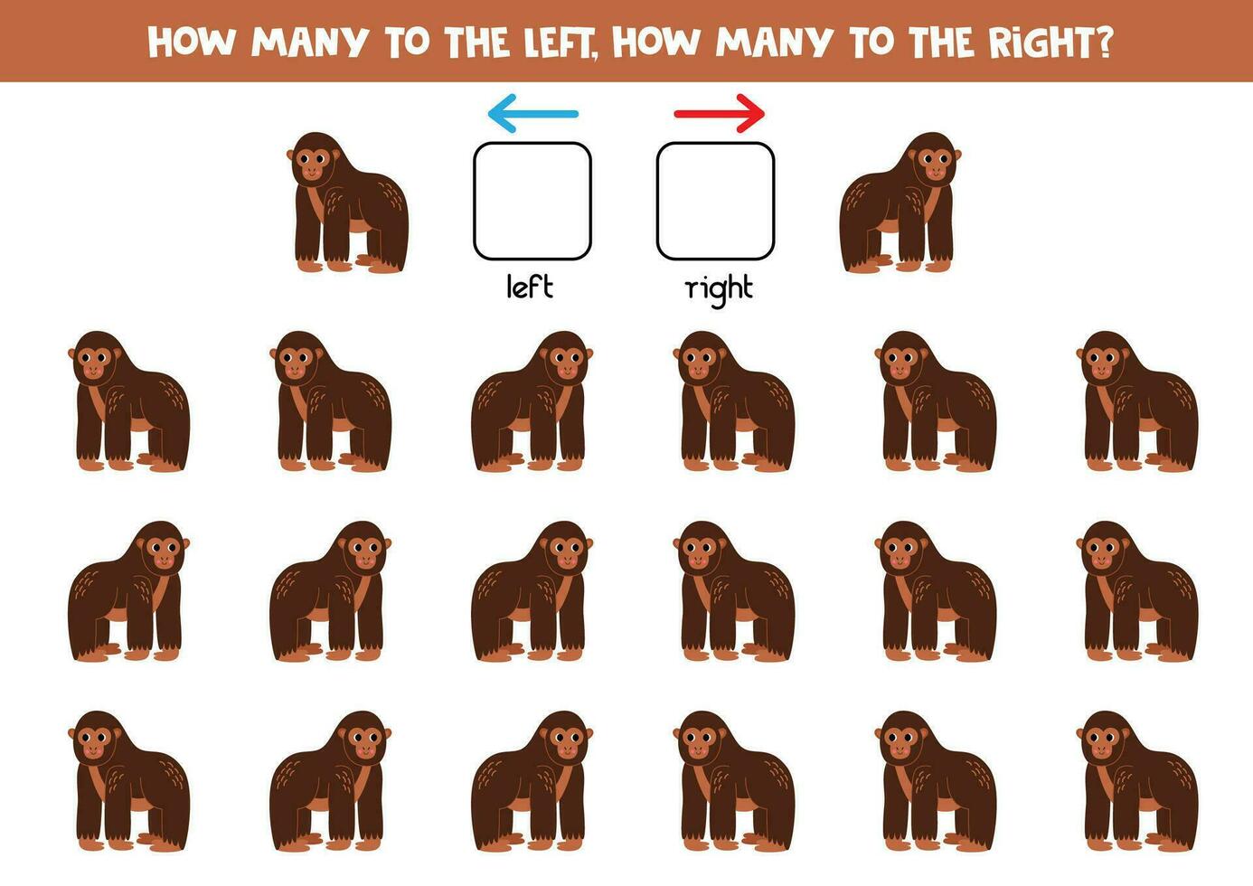 izquierda o Derecha con linda dibujos animados gorila. lógico hoja de cálculo para preescolares vector