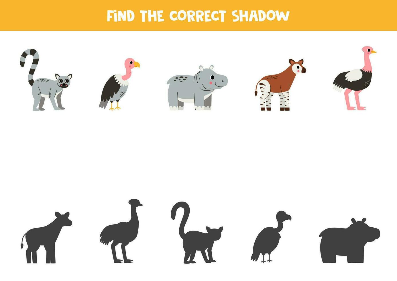 Find shadows of cute African animals. Educational logical game for kids. vector