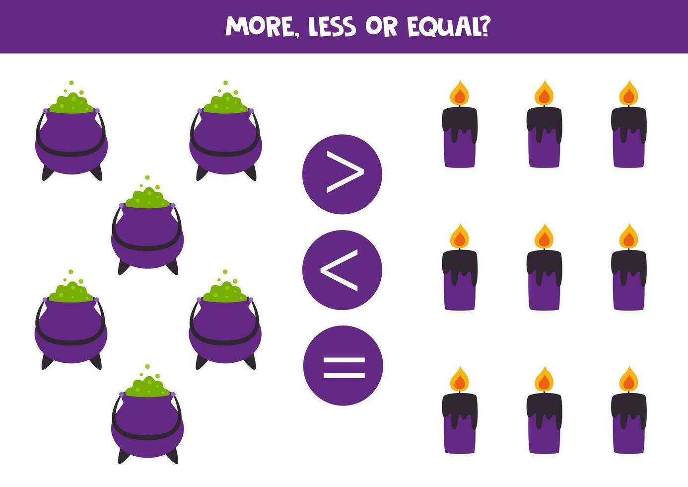 More, less or equal with cartoon purple candle and cauldron. vector