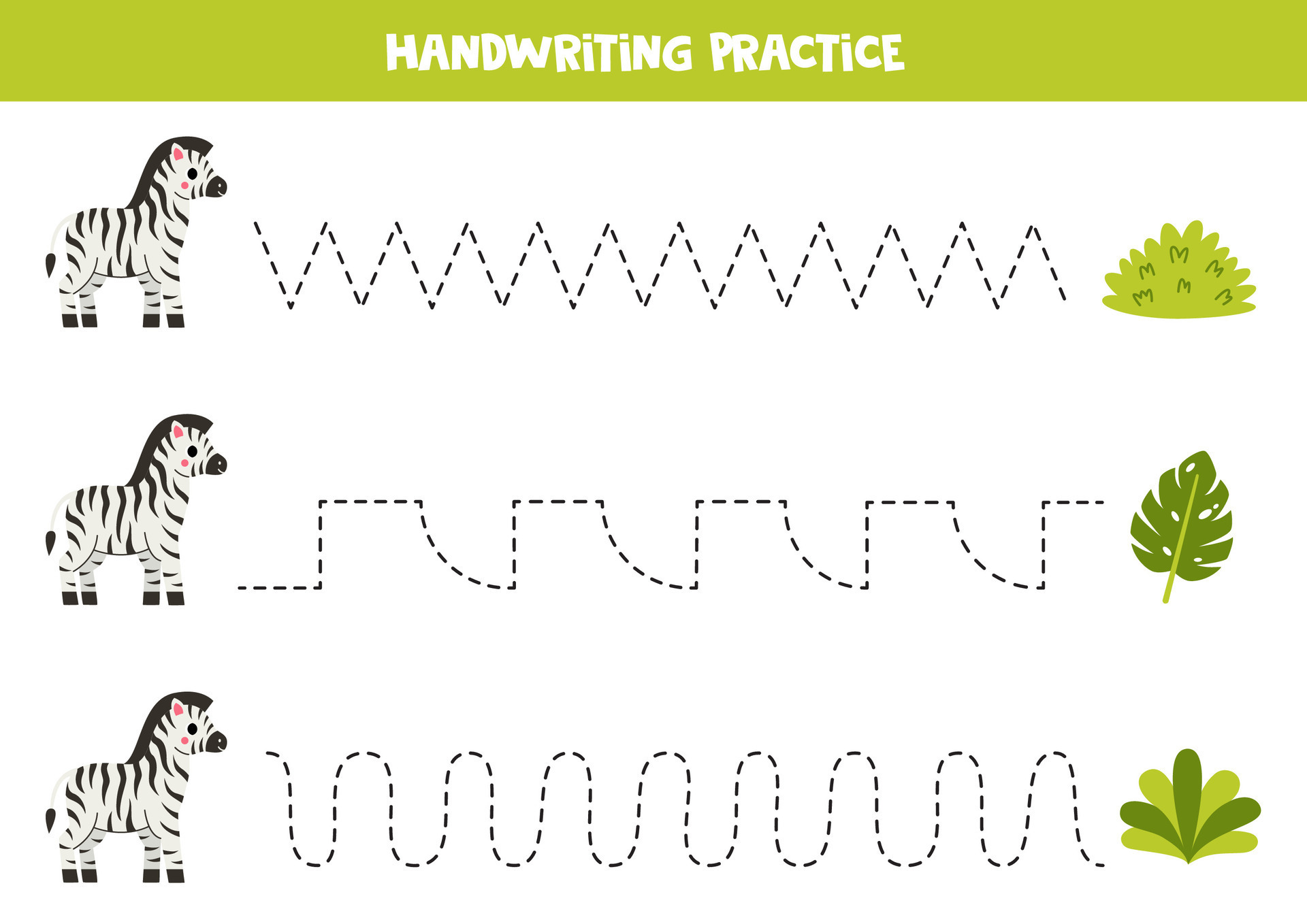 Handwriting practice with cute zebra. Tracing lines for preschoolers