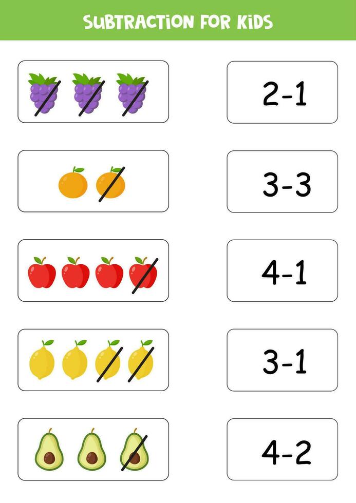 Subtraction game with cute cartoon fruits. Matching game. vector