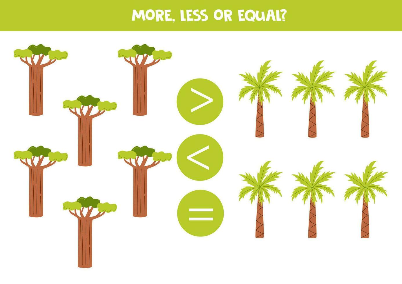 More, less or equal with cartoon African trees. vector