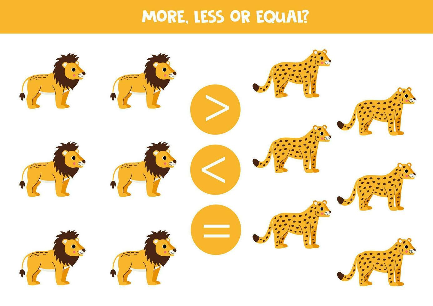 More, less or equal with cute lions and leopards. Comparison game for children. vector