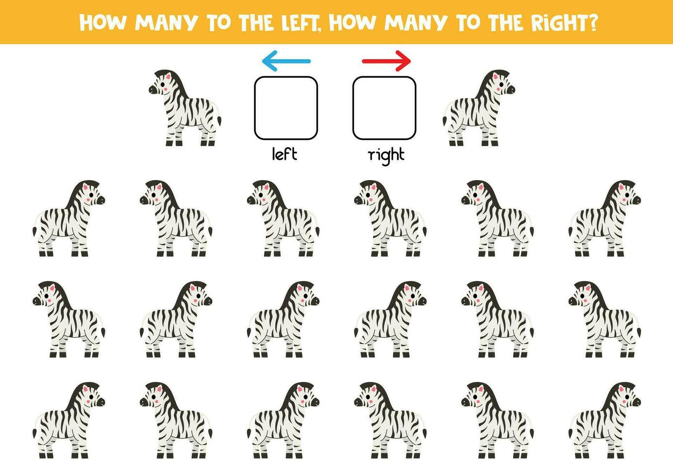 Left or right with cute cartoon zebra. Logical worksheet for preschoolers. vector