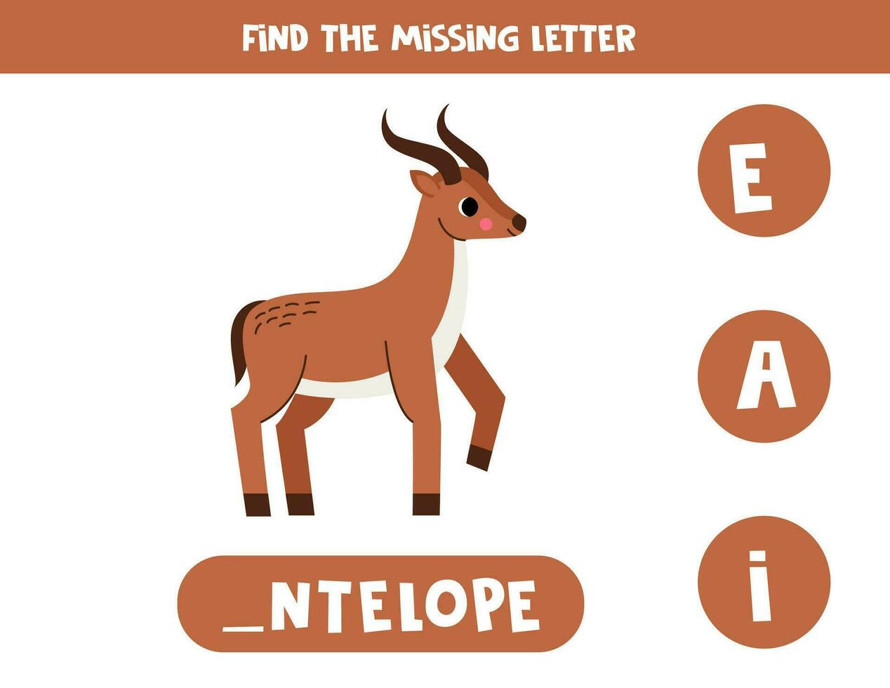 Find missing letter with cartoon antelope. Spelling worksheet. vector