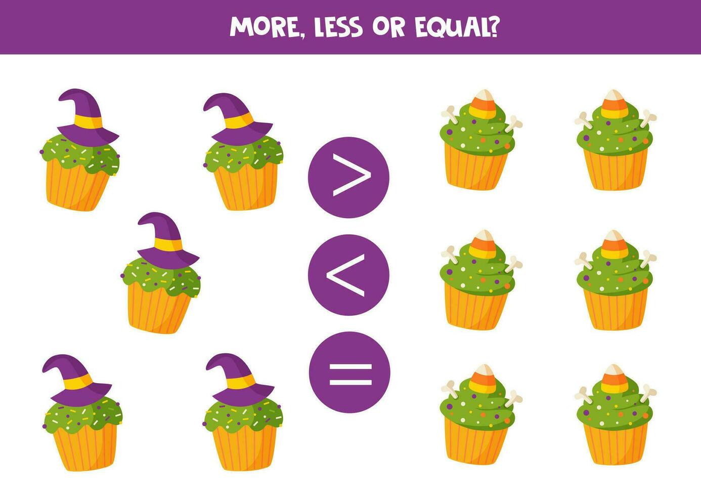More, less or equal with cartoon Halloween cupcakes. vector