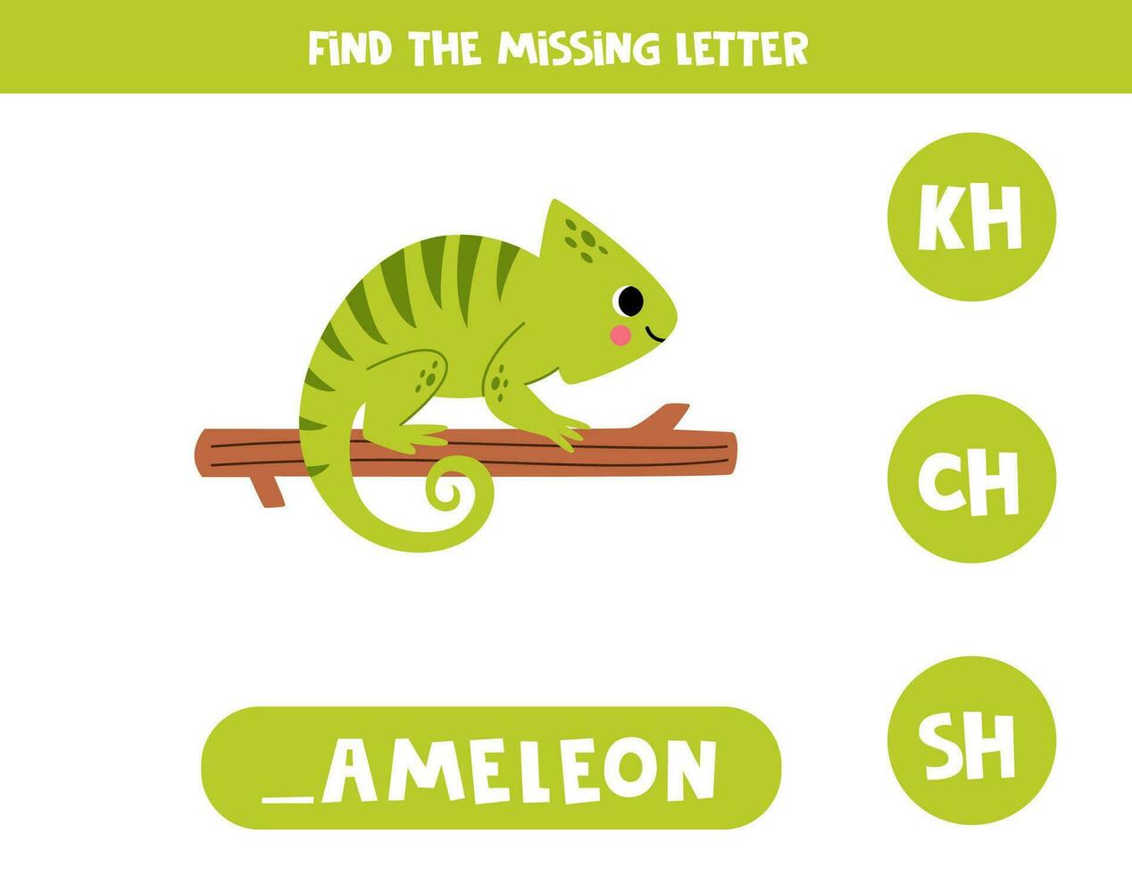 Find missing letter with cartoon chameleon. Spelling worksheet. vector