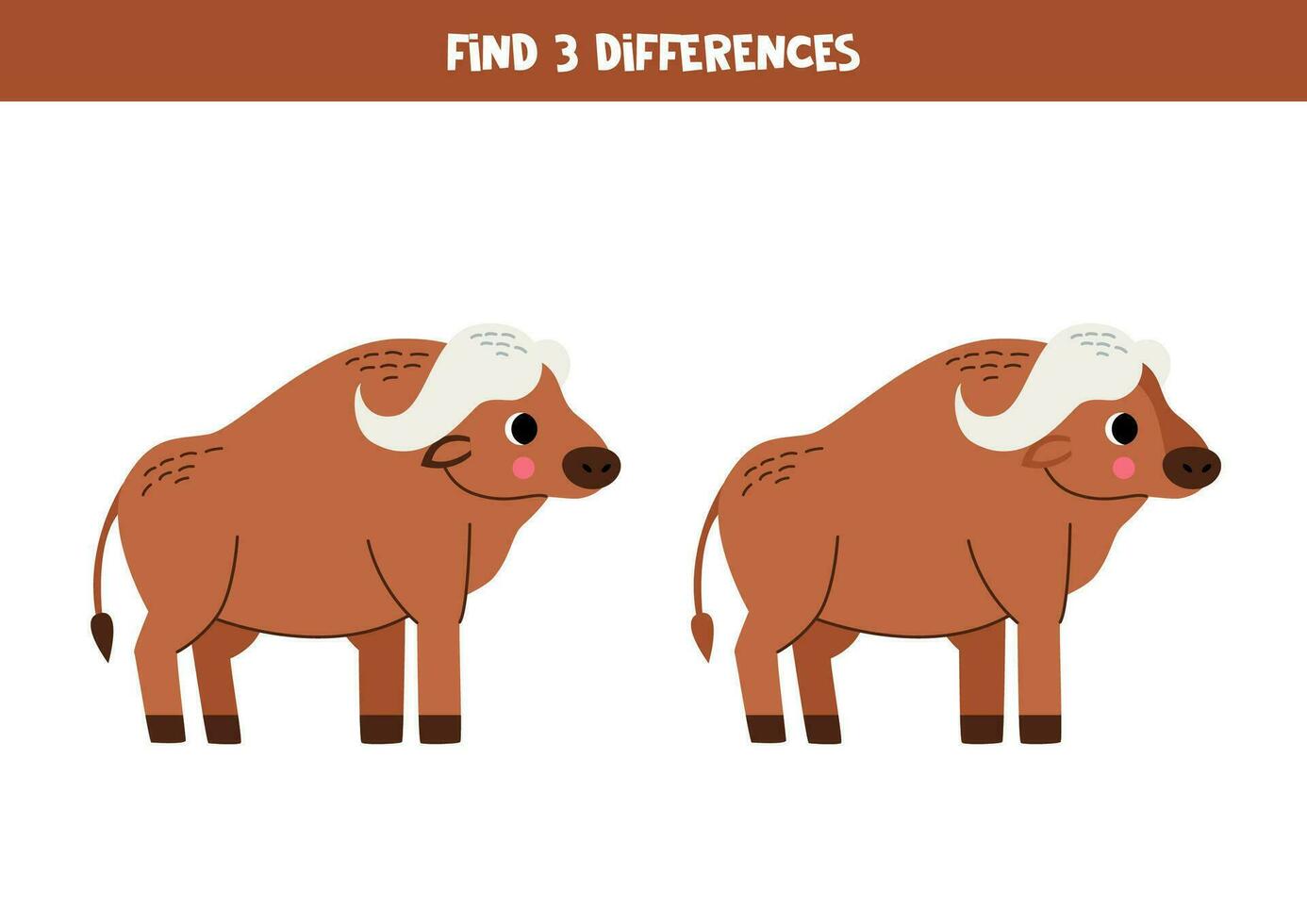 Find three differences between two pictures of cute buffalos. Game for kids. vector