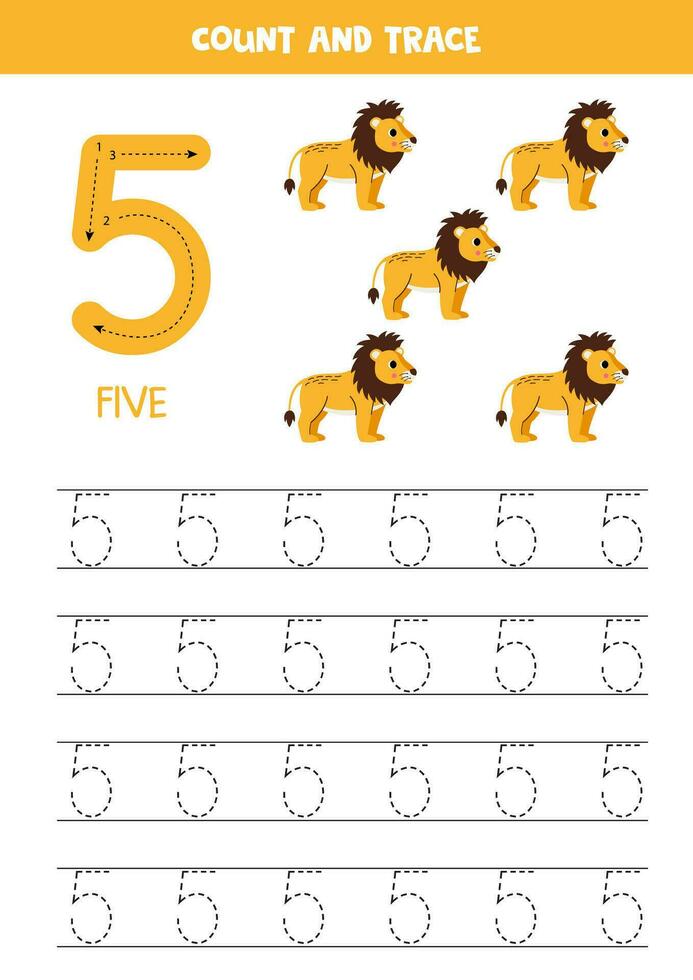 Trace numbers. Number 5 five. Cute cartoon lions. vector