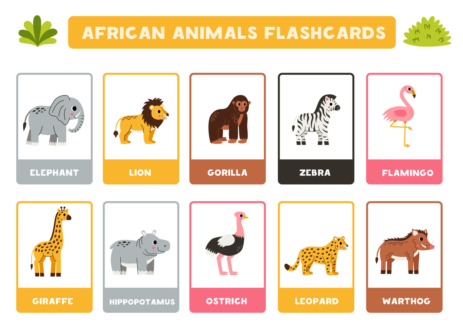 Cute African animals with names. Flashcards for learning English