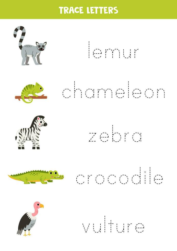 Tracing letters with cute African animals. Writing practice. vector