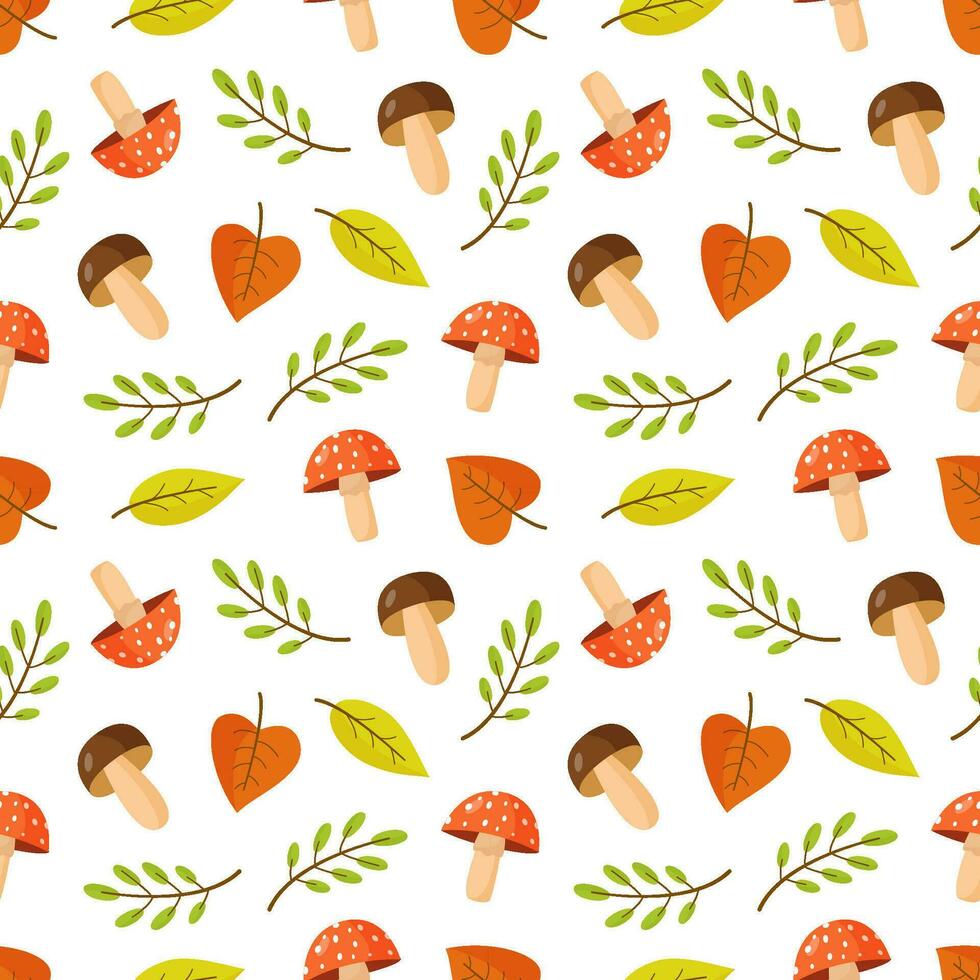 Autumn seamless pattern with cute mushrooms and leaves. vector
