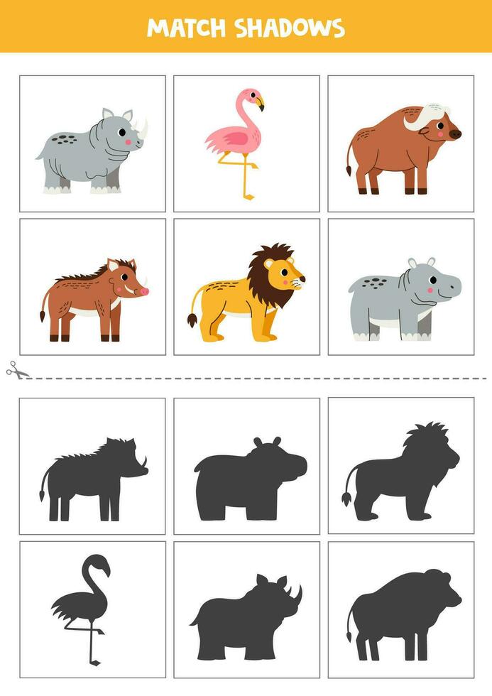 Find shadows of cute African animals. Cards for kids. vector
