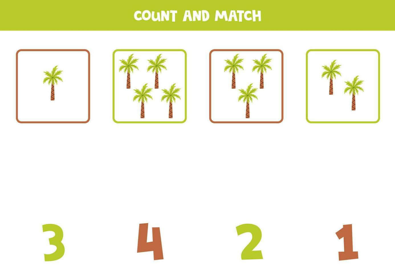 Counting game for kids. Count all palms and match with numbers. Worksheet for children. vector