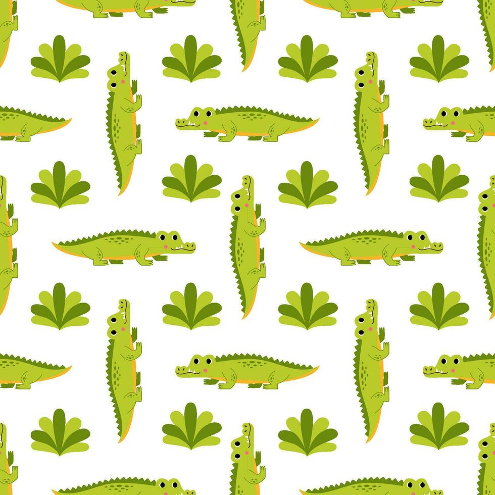 Seamless pattern with cute wild green crocodiles. vector