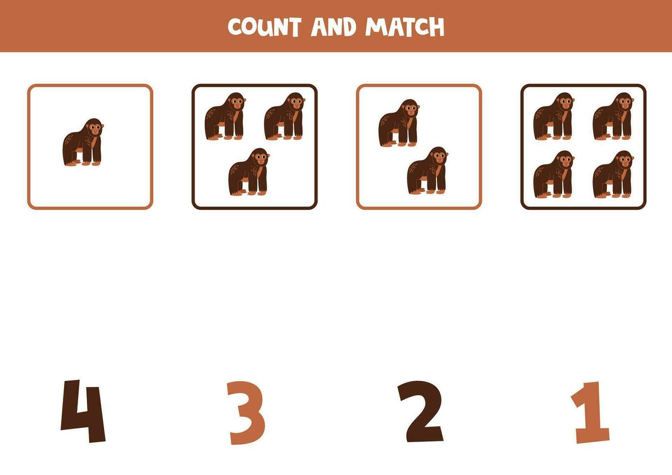 Counting game for kids. Count all gorillas and match with numbers. Worksheet for children. vector