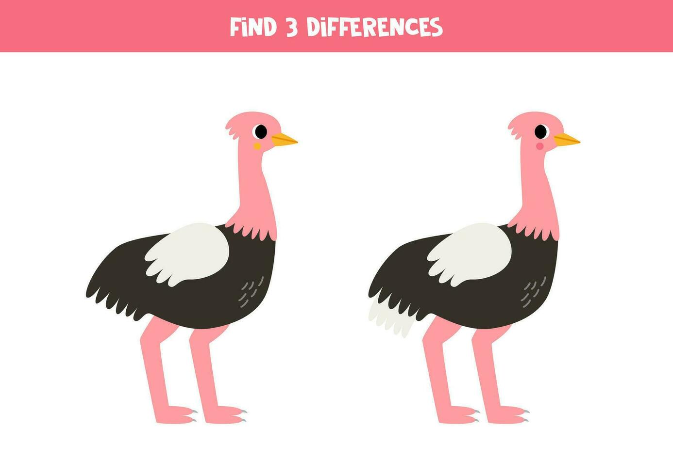 Find three differences between two pictures of cute ostrich. Game for kids. vector