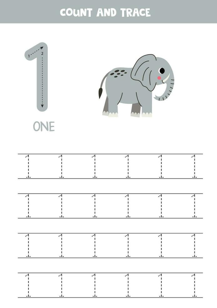 Trace numbers. Number 1 one. Cute cartoon elephant. vector