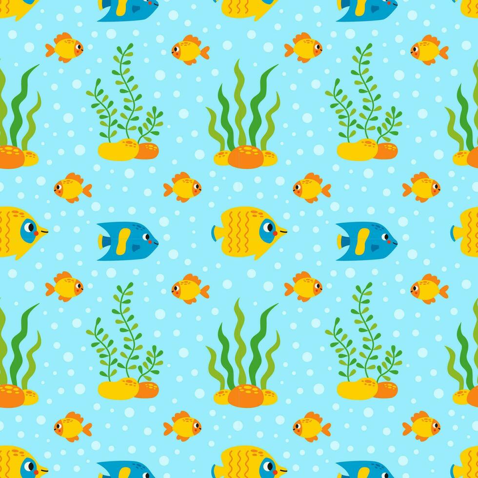 Seamless pattern with cute fish underwater on blue background. vector