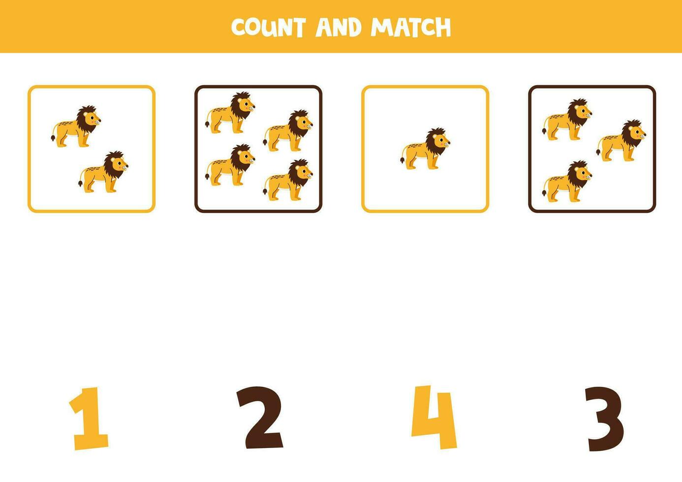 Counting game for kids. Count all lions and match with numbers. Worksheet for children. vector