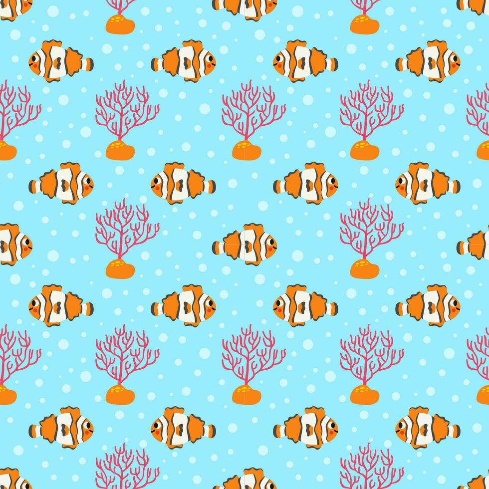Seamless pattern with cute clownfish on blue background. vector