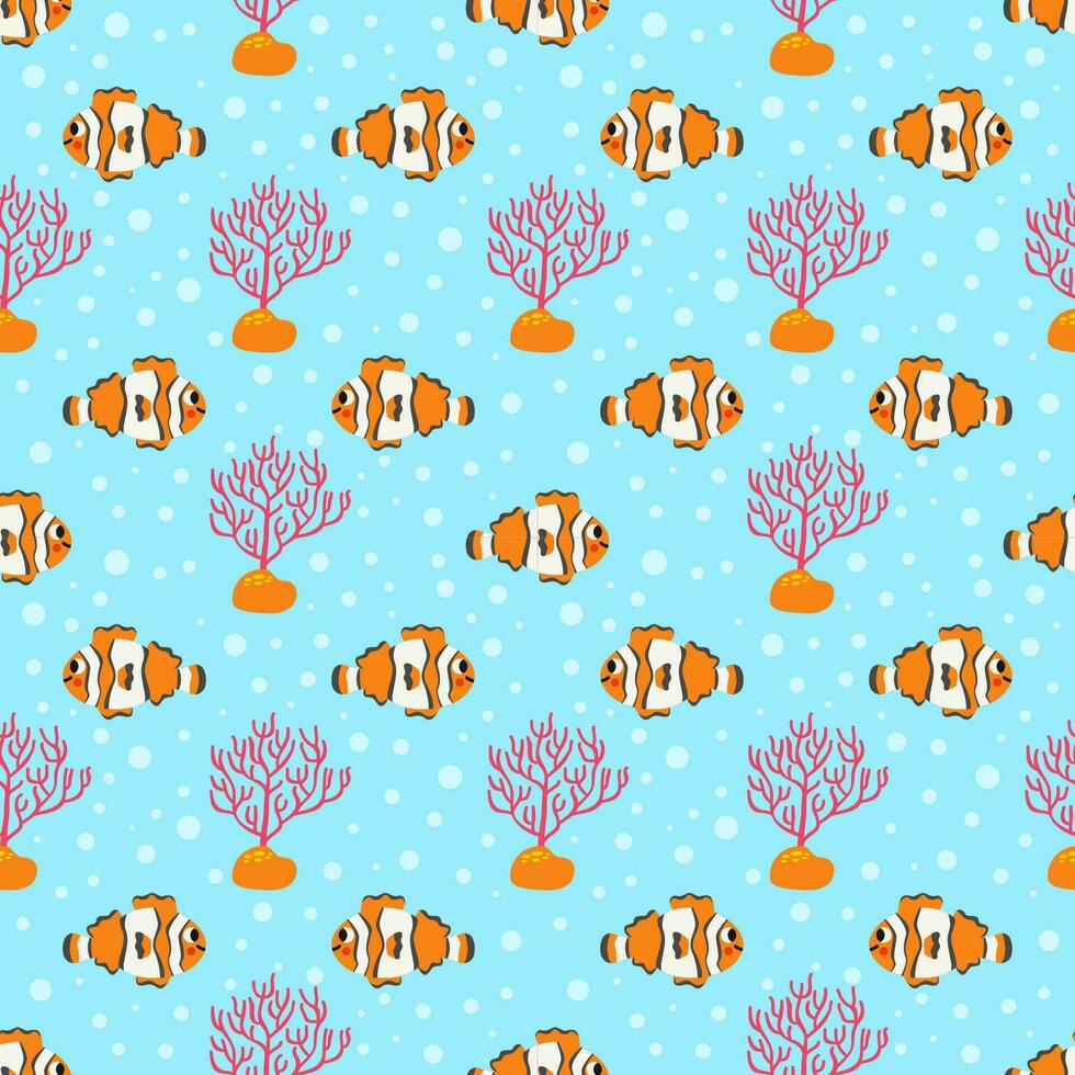 Seamless pattern with cute clownfish on blue background. vector