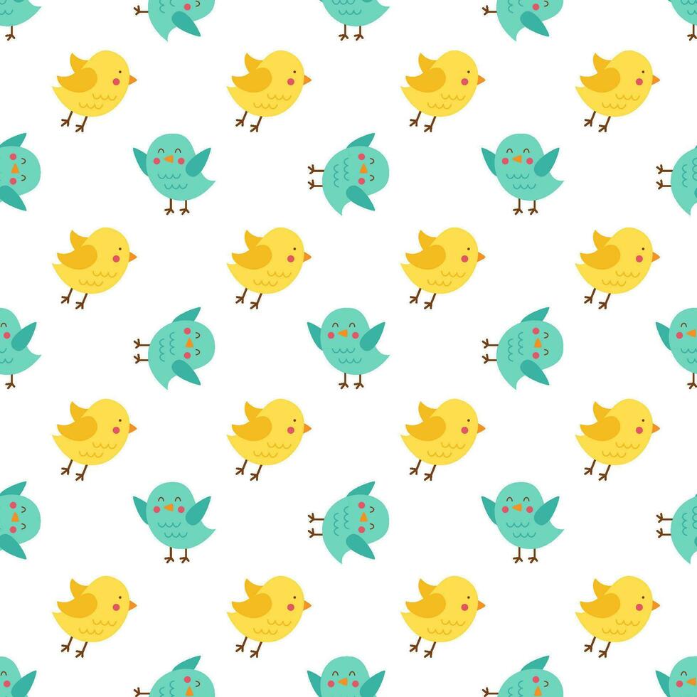 Spring repeat pattern with cute blue and yellow birds. vector