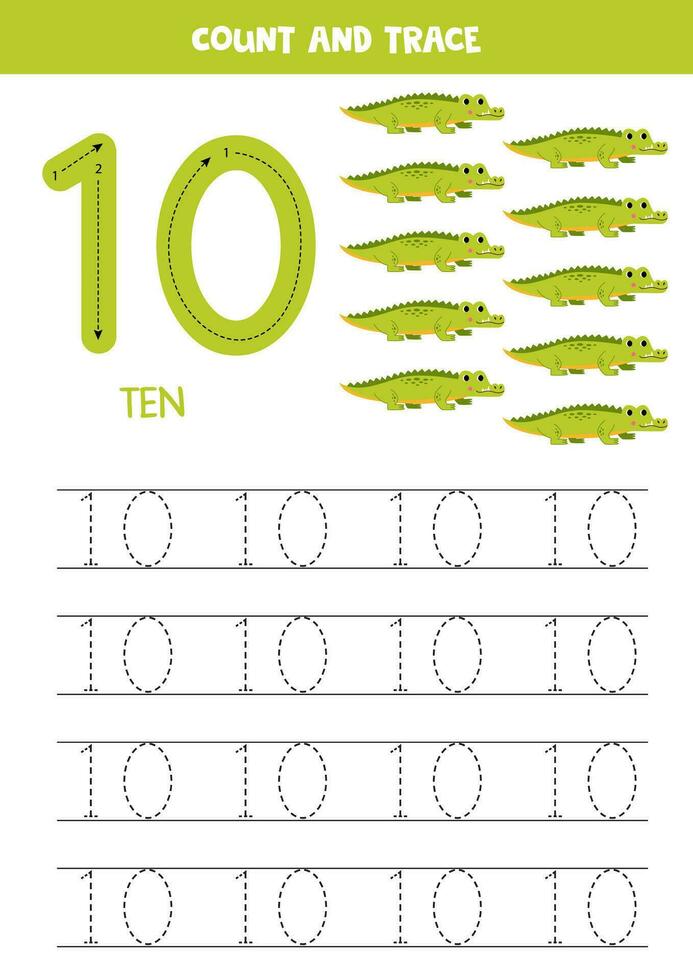 Trace numbers. Number 10 ten. Cute cartoon crocodiles. vector