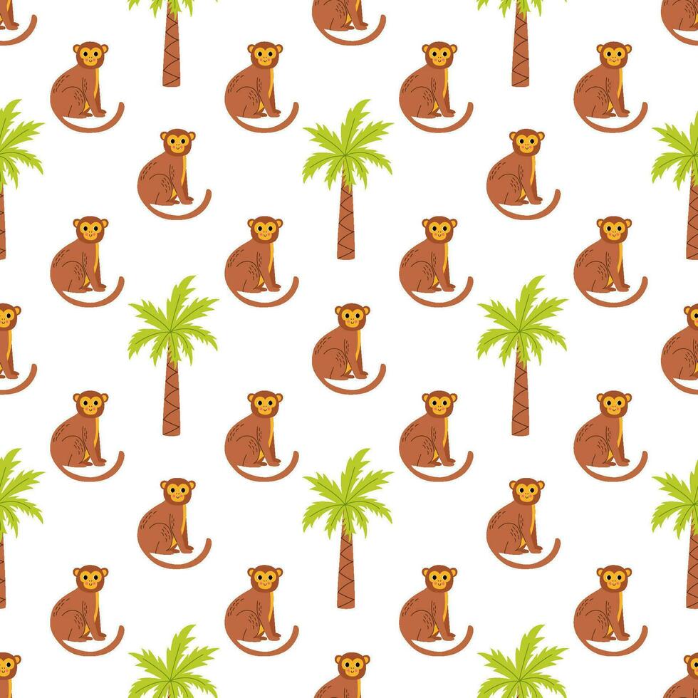 Seamless pattern with cute monkeys and palms. vector