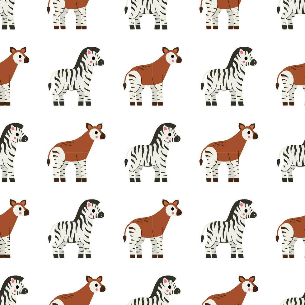 Seamless pattern with cute wild zebras and okapis. vector