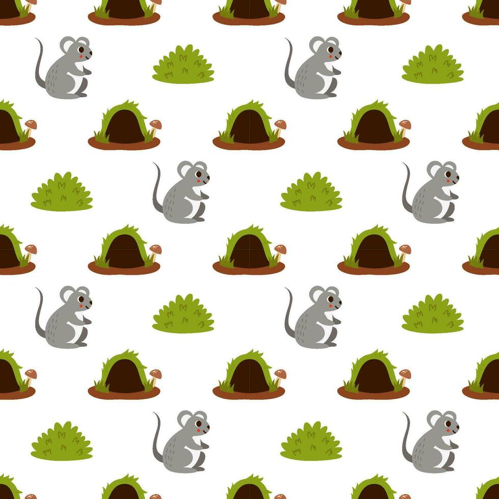 Seamless pattern with cute mice and burrows. Woodland pattern. vector