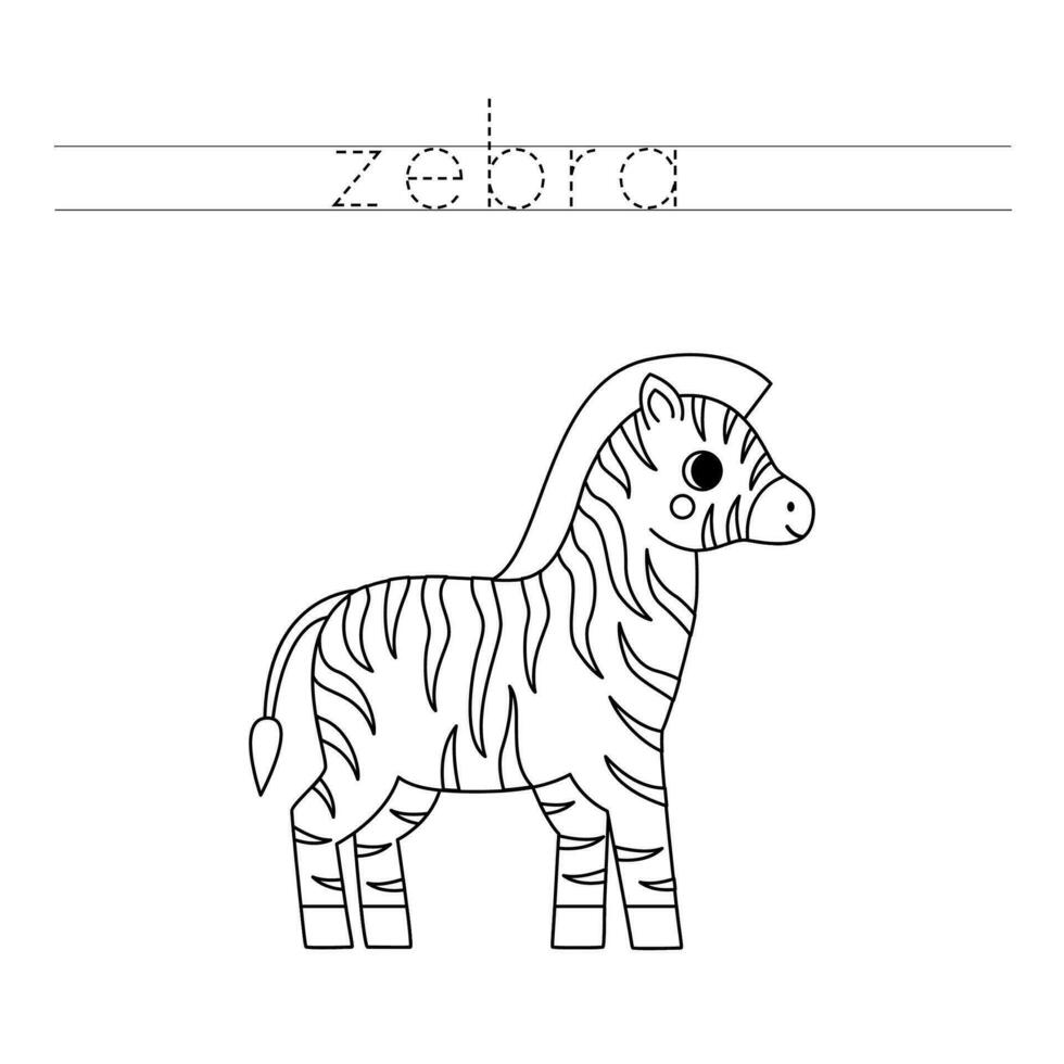Trace the letters and color cartoon zebra. Handwriting practice for kids. vector