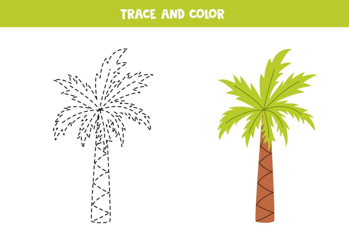 rastro y color dibujos animados palmera. hoja de cálculo para niños. vector