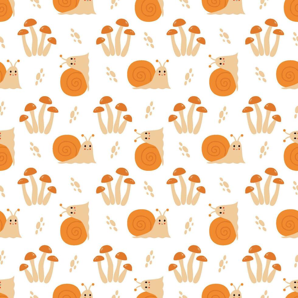 Seamless pattern with cute snails and mushrooms. Woodland pattern. vector